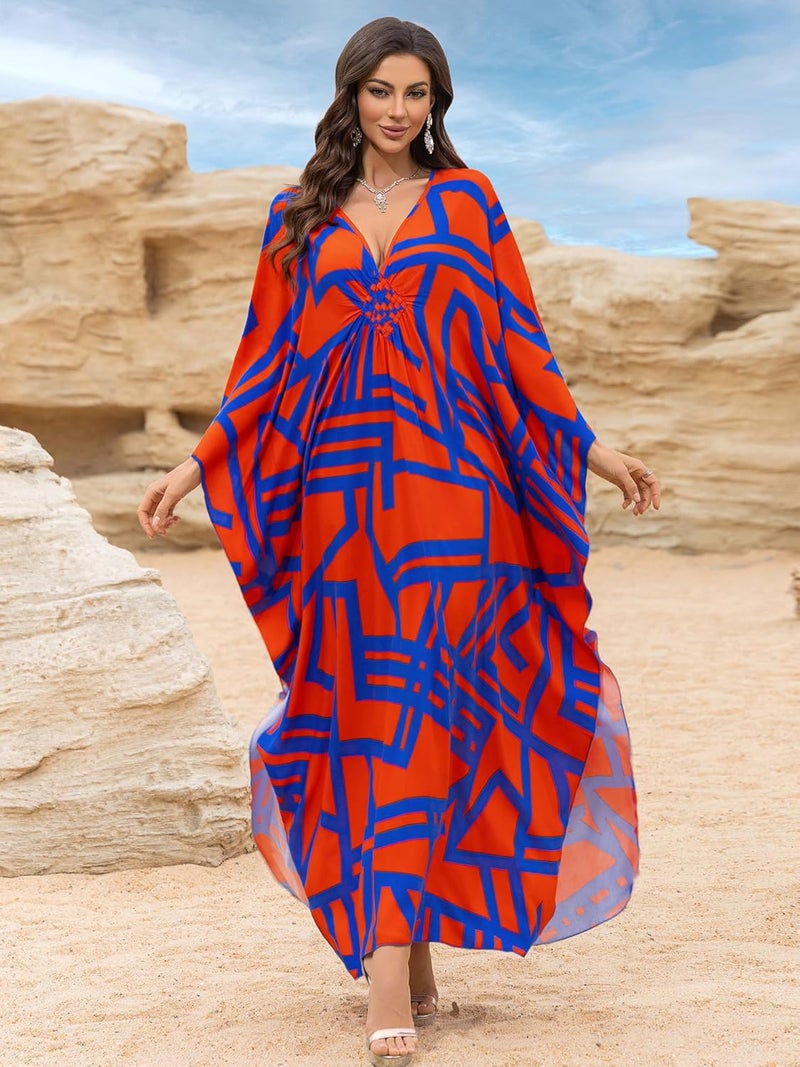 KEYLORTING Women’s Kaftan Beach Cover Up Dress Plus Size Summer Swimsuit Loungewear Maxi Dress - Image 1